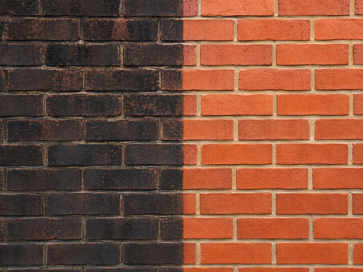 Before and after example of soot and dirt removal from a brick wall