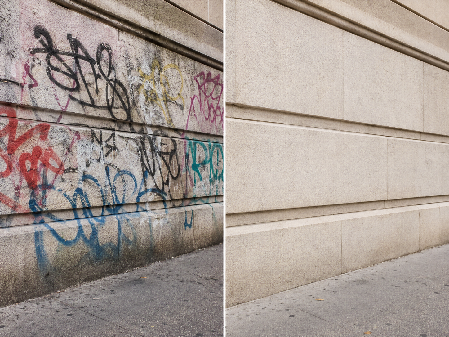 Before and after example of graffiti removal from an exterior stone wall