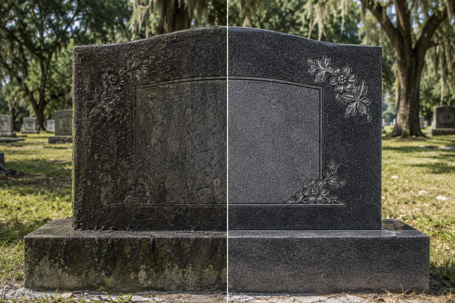 Before and after example of memorial cleaning on a stone headstone