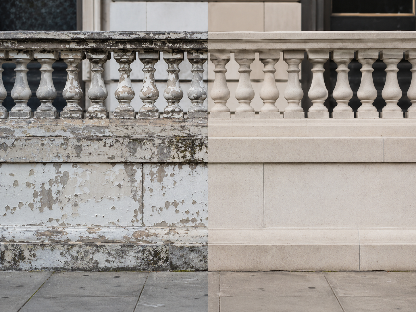 Before and after example of paint and coating removal from architectural stonework