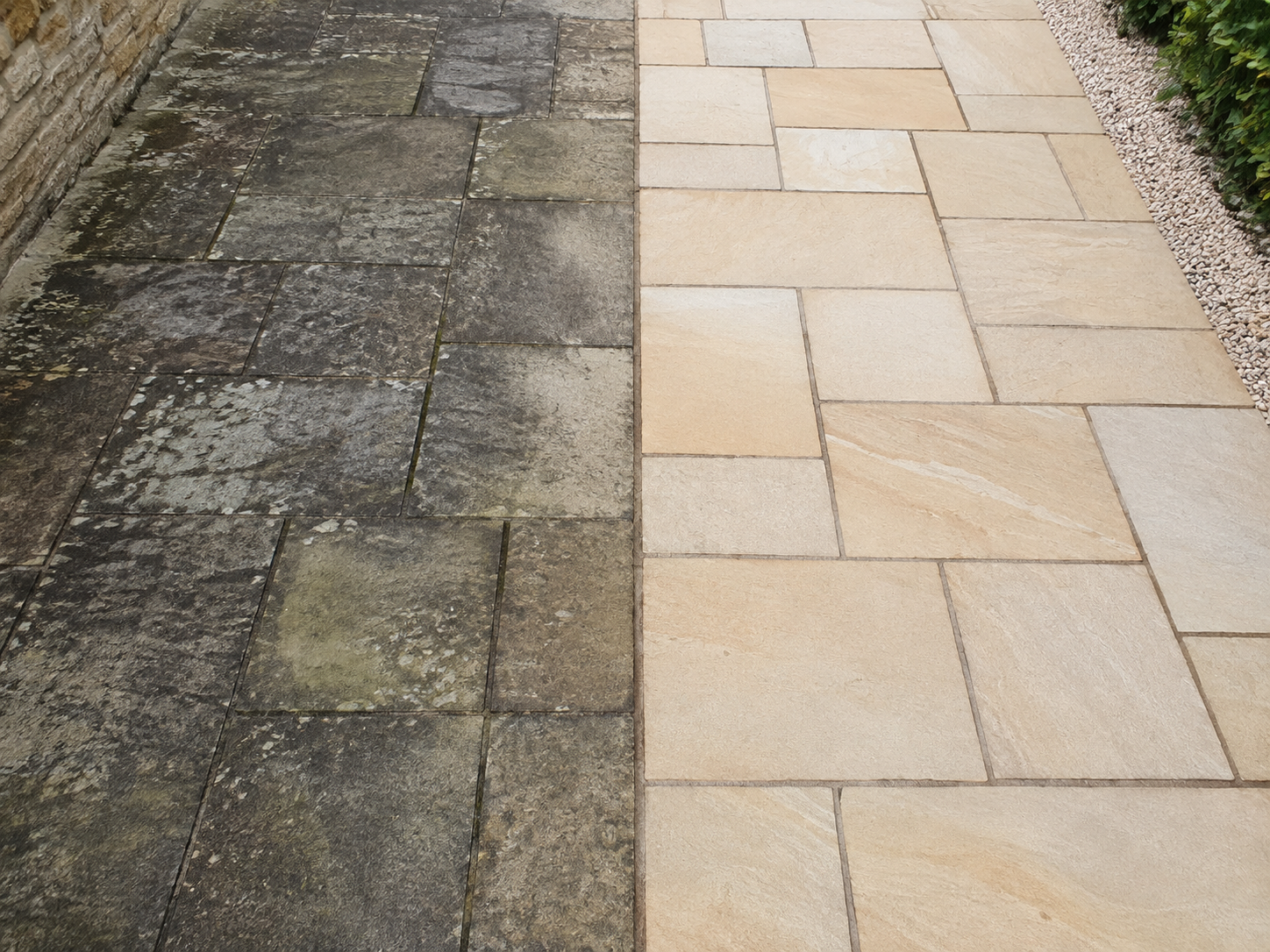 Before and after example of dirt removal from outdoor paving stones