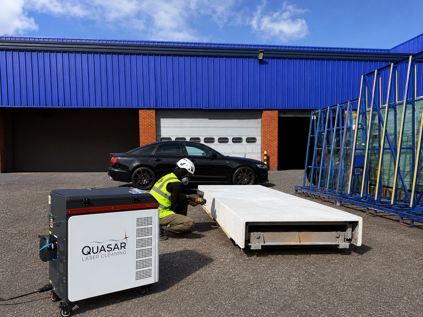 Wide view of a laser cleaning test on a GRC façade panel
